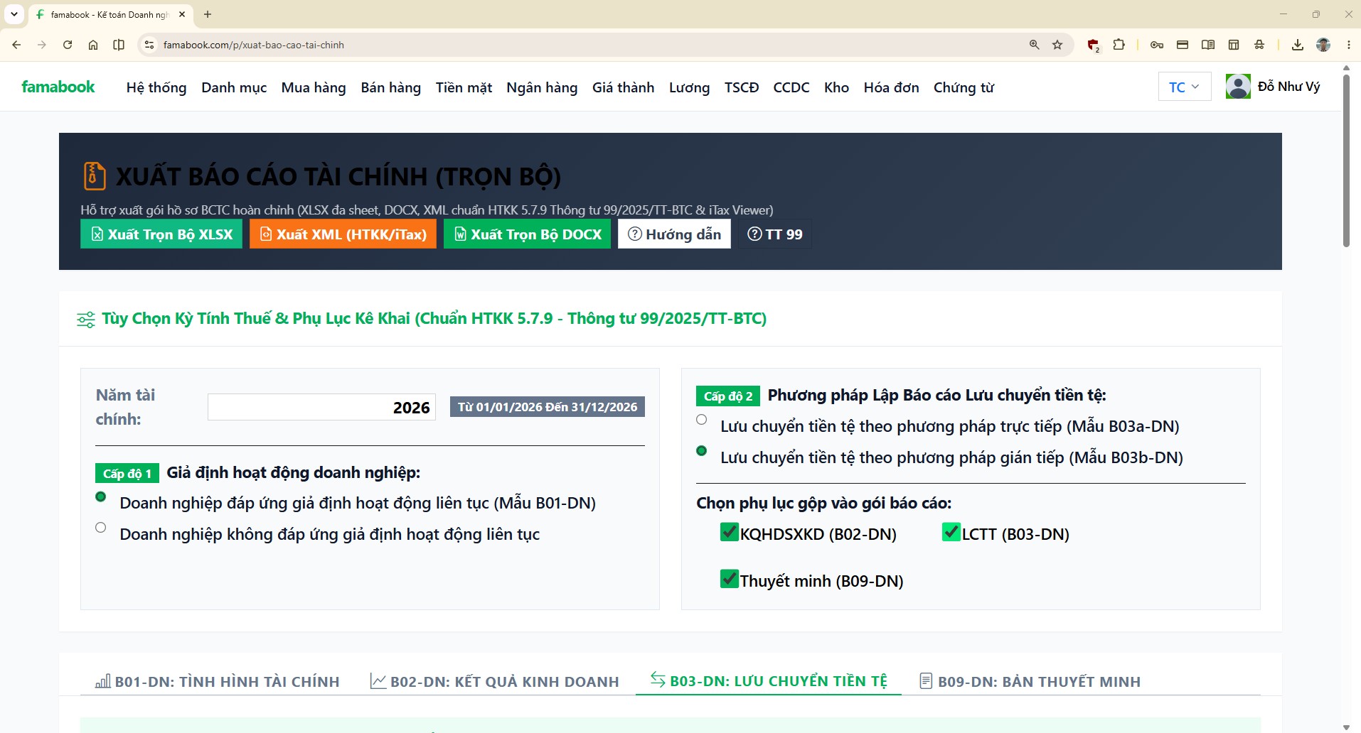 Xuất Báo cáo Tài chính trọn bộ (XLSX, DOCX, XML HTKK/iTax)